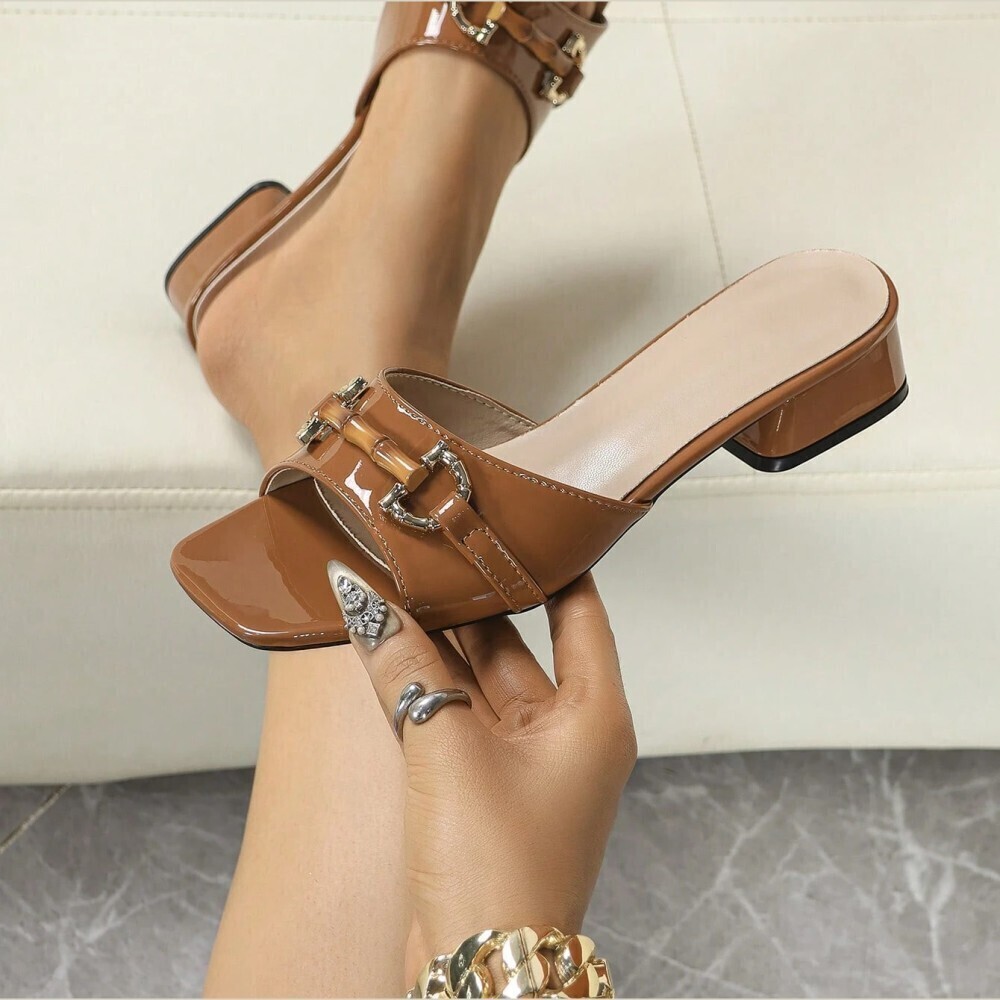 Camel Patent Faux Leather Trim Horsebit Block Heel Slide Sandals